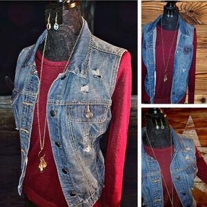 4 piece set. Denim vest, top, necklace and earrings